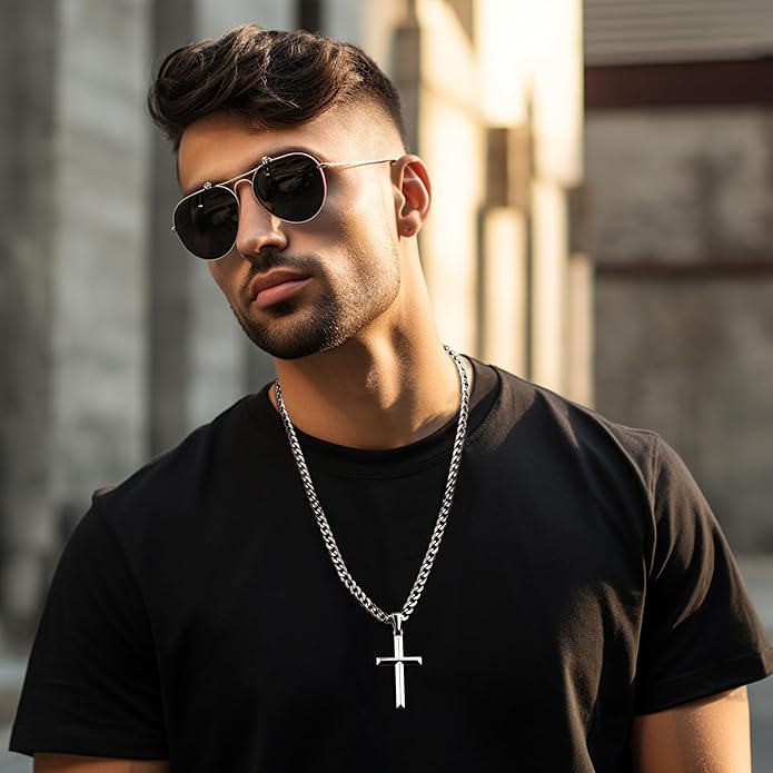 MILACOLATO 925 Sterling Silver Cross Necklace Men - Beveled Edge Cross Pendant with 5mm 316L Stainless Steel Cuban Link Curb Chain Crucifix Necklaces Silver Jewelry for Men Women, 18-30'' Christian Baptism Gift