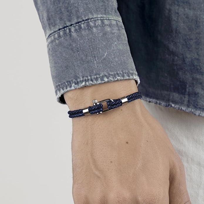 Elegatto Helix Premium Vintage Leather Bracelet for Men | Double Black Leather Strands with Sterling Silver Polished Mini Shackle Closure | Men’s Designer Jewelry
