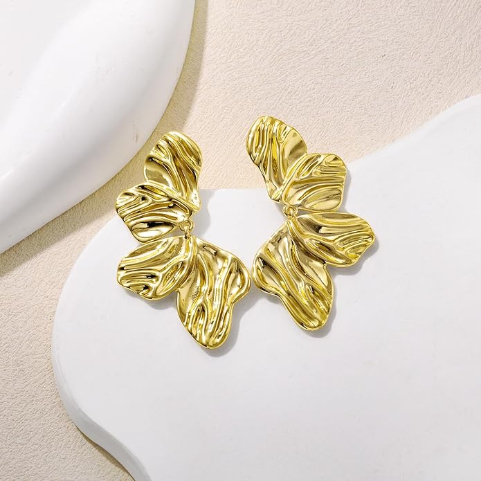 Hefanny Large Hammered Teardrop Dangle Earrings Geometric Chunky Flower Earrings Women's Trendy Statement Jewelry Multiple Styles