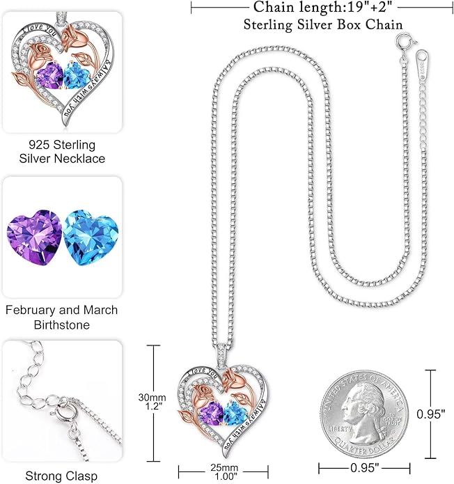 Iefil Birthstone Necklace for Women - 925 Sterling Silver Rose Heart Birthstone Necklace Birthday Anniversary Jewelry Gifts for Her Wife Mom Daughter