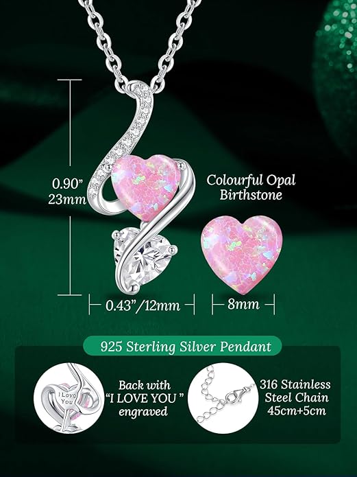 LOUISA SECRET 925 Sterling Silver Opal Birthstone Necklace, Unique Tiny Double Heart Pendant Jewelry, Engraved with "S925 I Love You" Best Birthday Gift for Women Wife Girlfriend Mom Her, Christmas Day Valentine's Day Anniversary Mother's Day