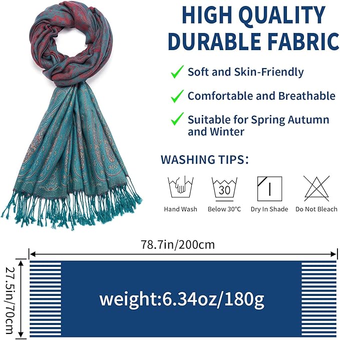 QIUTIMIY Paisley Pashmina Shawl Wrap Women Reversible Vintage Jacquard Pashmina Rave Scarf with Fringe for Evening, Wedding