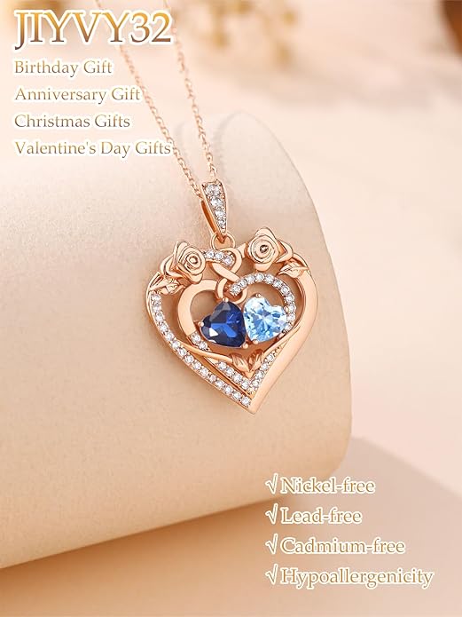 JIYVY32 Rose Heart Necklace for Women Exquisite 925 Sterling Silver Anniversary Birthday Gifts for Wife Mom Her Double Birthstone Pendant Jewelry