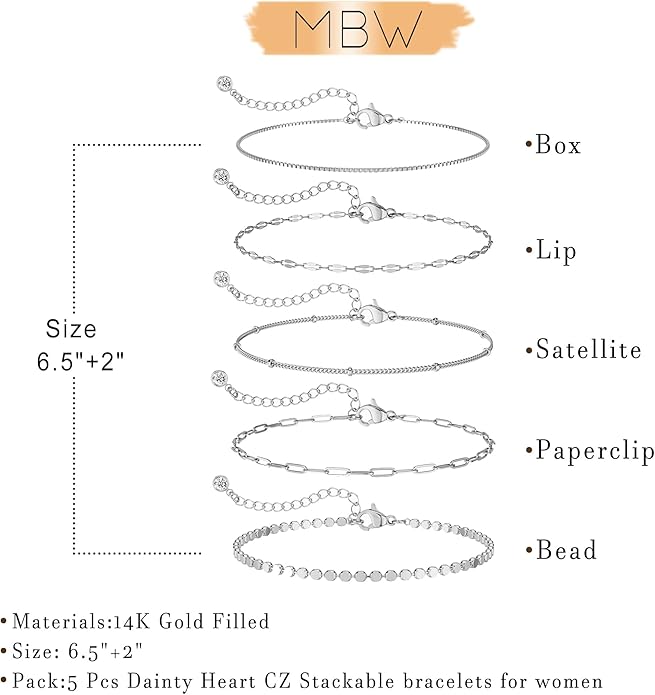 MBW 14K Silver Plated Bracelets for Women, Dainty Silver Bracelets for Women Set Bracelet Stack Waterproof Jewelry for Women Trendy Minimalist Simple Small Thin Bracelet Set for Women Teen Girls Gift