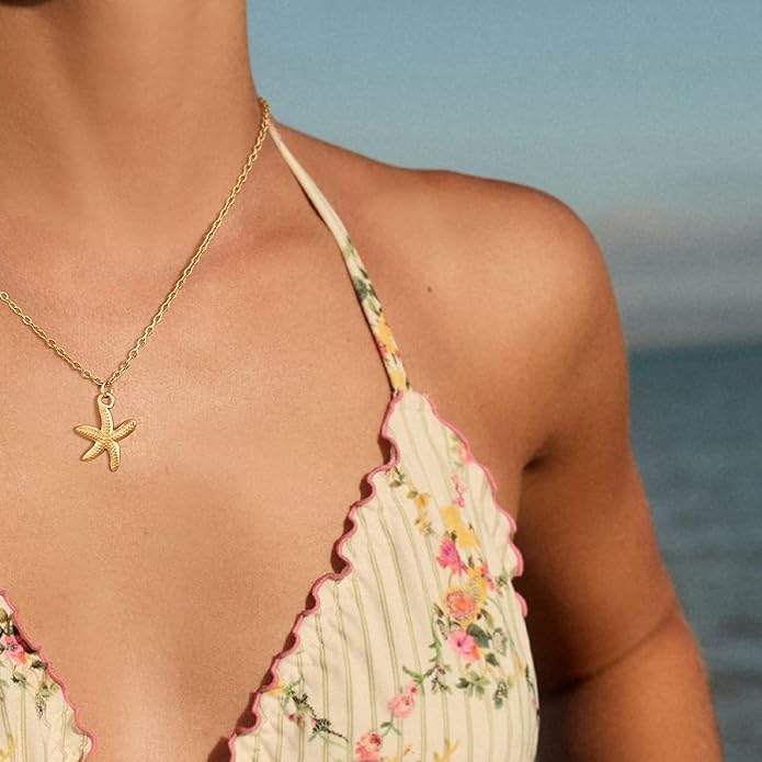 Shell Necklace for Women,14k Gold Plated Layered Starfish Conch SeaShell Pearl Pendant Charm Necklace,Non Tarnish Adjustable Stainless Steel Chain Stack Jewerly for Summer Beach Vacation