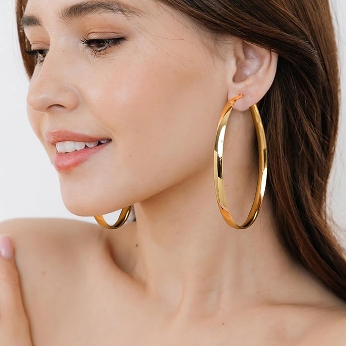 EXGOX 5mm Wide Gold Hoop Earrings for Women,Sterling Silver Hoop Earrings Large Silver Hoop Earrings Hypoallergenic Lightweight 14K Real Gold Plated Big Hoop Earrings for Women 30/40/50/60/70mm