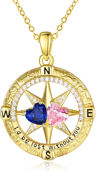 Zeuslia Double Birthstone Necklace Gifts for Wife - 925 Sterling Silver Sunflower/Rose/Crown Cross/Compass/Heart Pendant I Love You Necklace, Anniversary Birthday Gifts for Wife Girlfriend Mom Her