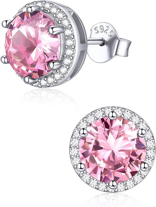 ChicSilver 925 Sterling Silver Birthstone Earrings for Women, 8MM/2 Carat Heart & Round Cubic Zirconia Stud Earrings, Hypoallergenic Jewelry, Ideal Birthday or Christmas Gifts