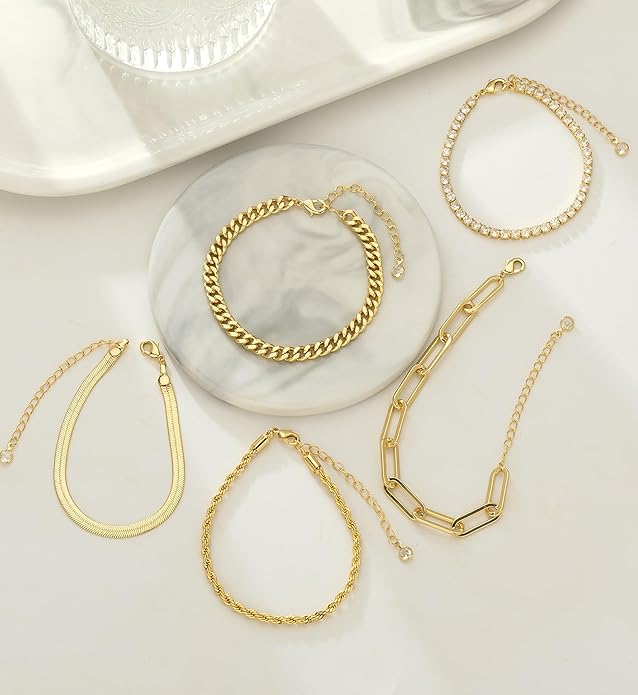 Gold Bracelets for Women 14K Gold Plated Stack Trend Bracelets Charm Paperclip Chain Cuban Link Layered Waterproof Bracelet Dainty Bracelet for Women Jewelry Gifts