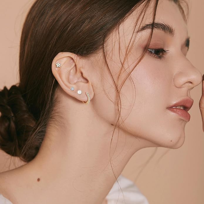 Gold Hoop Earrings for Women - 4 Pairs 14K Gold Plated Dainty Huggie Stacks Set for Multiple Piercing, Hypoallergenic Cartilage Earrings CZ Trendy Fashion Jewelry