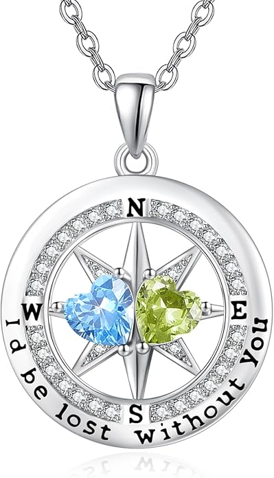 Compass Birthstones Necklace for Women, Exquisite Anniversary Birthday Gifts for Wife Her Double Birthstone Pendant jewelry ‘I'd be Lost Without You’