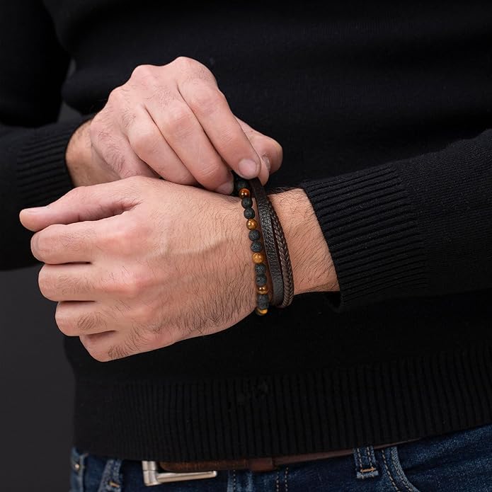 Gifts for Men - Layered Leather Beads Bracelet, Tiger Eye Lava Rock Stone Braided Leather Bracelets for Men Adjustable Magnetic Clasp Birthday Gifts