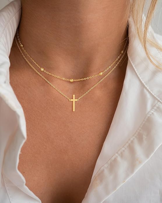 Cross Necklace for Women Dainty 14K Real Silver Gold Plated Layered Cross Pendant Necklace Stack Simple Trendy Cute Charm Choker Necklaces Jewelry Gift for Women Teen Her