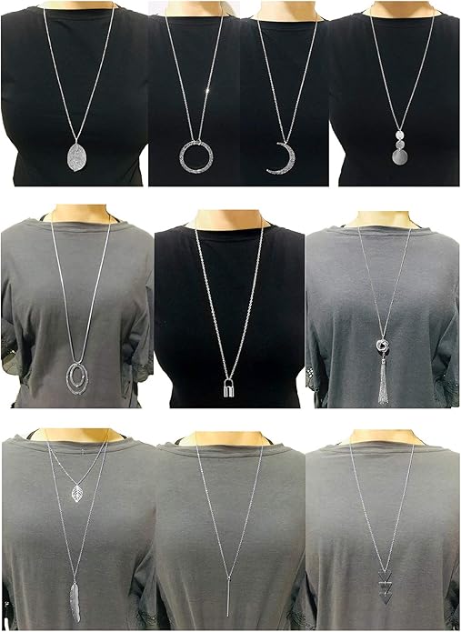 10Pcs Long Pendant Necklace Simple Moon Bar Three Triangle Tassel Lock Sweater Y Shape Punk Chain Choker Necklace for Women Men Gold Silver Plated