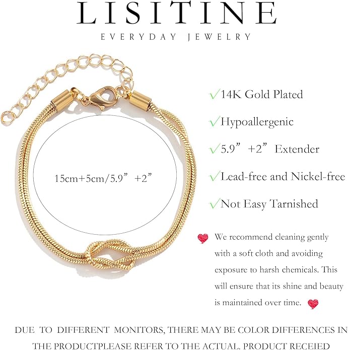 Matching Bracelets for Couples，Dainty Gold Love Knot Bracelet 14K Gold Plated Herringbone Chain Bracelet Relationship Jewelry Gifts for Best Friend
