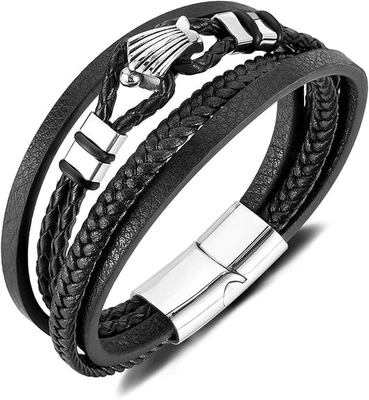 Italian Handmade Genuine Leather Bracelets for Men Stainless Steel Clip, Men's Casual Genuine Multi-layer Cuff Bracelet, Bracelet Gift for Real Men