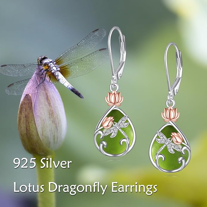 AOBOCO Butterfly/Dragonfly/Bee/Ladybug Leverback Earrings 925 Sterling Silver Rose Lotus Tulip Flower Filigree Dangle Earrings Teardrop Moonstone Larimar Turquoise Abalone Shell Jewelry Birthday Gifts for Women