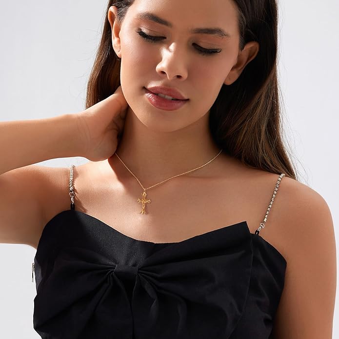 Partm Gold Cross Necklace for Women 14K Plated Dainty Pendant Cross Chain Faith Crucifix Choker Baptism Necklace for Women Trendy Religious Jewelry Hypoallergenic