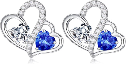 Iefil Valentines Day Gifts for Her - Birthstone Earrings Gift for Women, 925 Sterling Silver Double Heart Birthstone Earrings | Anniversary Birthday Gifts for Women, Personalized Jewelry for Wife Mom