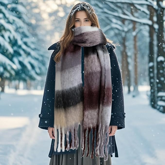 SHOHOKU Large Chunky Plaid Scarf Coloured Checked Oversized Scarf Tassel Soft Fall Winter Thick Warm Shawl Women