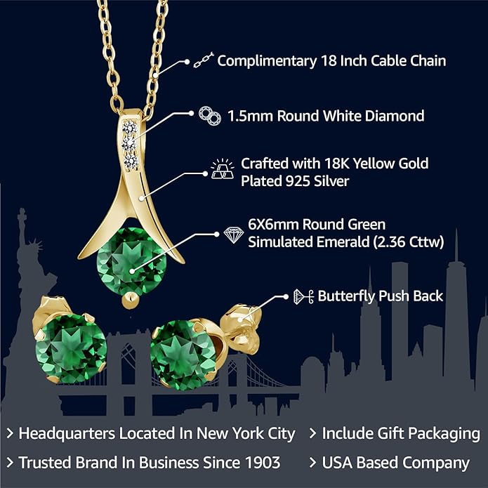 Gem Stone King 18K Yellow Gold Plated Silver Simulated Emerald and White Diamond Pendant Earrings Jewelry Set For Women | 2.36 Cttw | With 18 Inch Chain | Fine Jewelry Gifts for Her Mom Women Wife