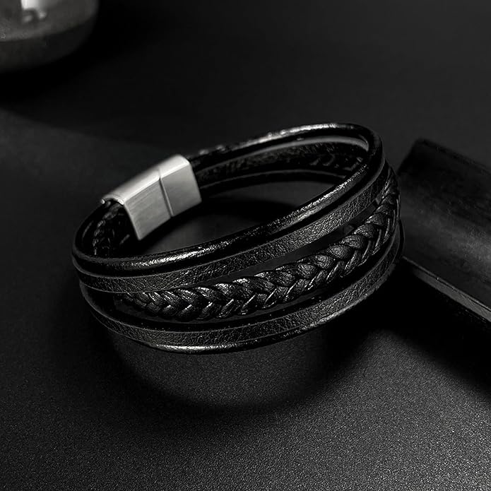Italian Handmade Genuine Leather Bracelets for Men Stainless Steel Clip, Men's Casual Genuine Multi-layer Cuff Bracelet, Bracelet Gift for Real Men