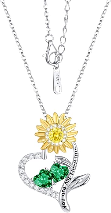 PERJI Valentine's Day Gifts for Women - 925 Sterling Silver Double Birthstone Sunflower Necklace, Anniversary Birthday Jewelry You are My Sunshine Gifts for Wife Couple Girlfriend 18"+2" Non Tarnish