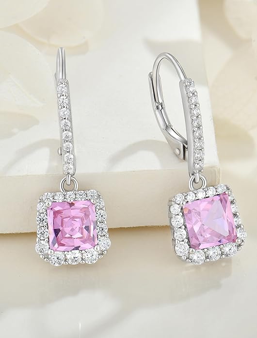 Square Dangle Drop Earrings Sterling Silver Halo Leverback Earrings Birthstone Jewelry for Women