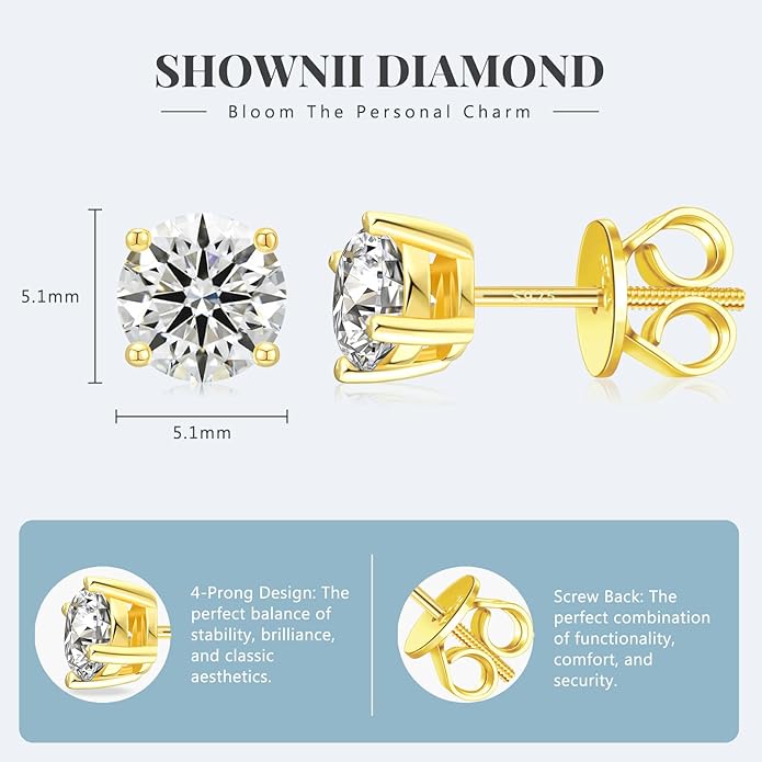 SHOWNII Diamond 4-Prong Lab-Grown Diamond Stud Earrings for Women 0.5CT 1CT 14K Gold Plated S925 Sterling Silver Screw Back Earrings(I-J Color, S1-VS2 Clarity)