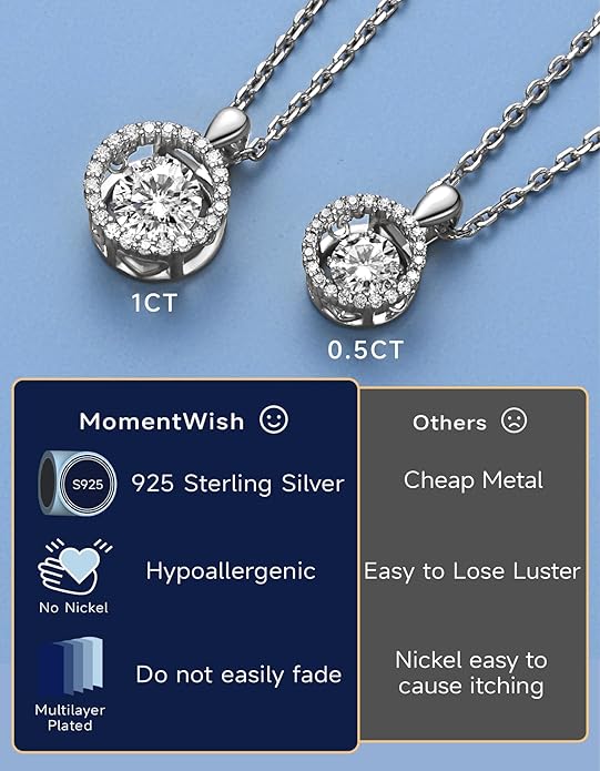 MomentWish Necklace for Women, Sparkling Gift for Her, 1Carat Moissanite Heart Pendent for Her, 925 Sterling Silver Dance Necklace for Anniversary Christmas Valentines