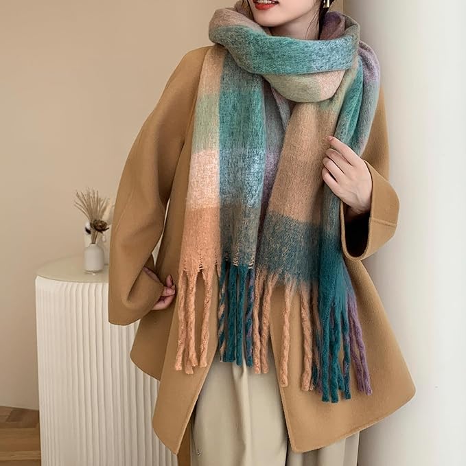 SHOHOKU Large Chunky Plaid Scarf Coloured Checked Oversized Scarf Tassel Soft Fall Winter Thick Warm Shawl Women