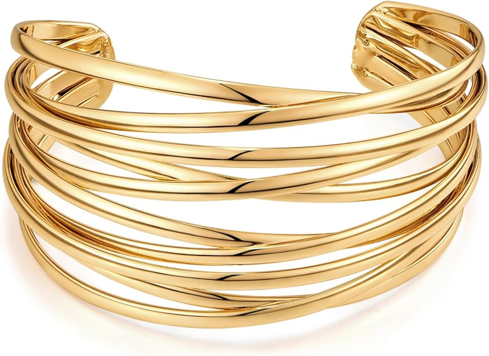 Gold Cuff Bracelet for Women Chunky Multi-layer Cross Wire Open Bracelet Hollow Wide Cuff Bracelets Adjustable Gold Open Cuff Bangle Bracelet