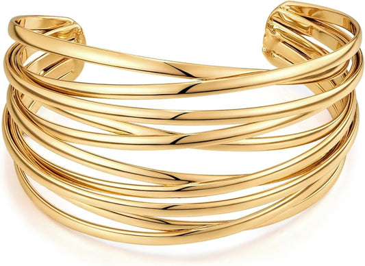 Gold Cuff Bracelet for Women Chunky Multi-layer Cross Wire Open Bracelet Hollow Wide Cuff Bracelets Adjustable Gold Open Cuff Bangle Bracelet