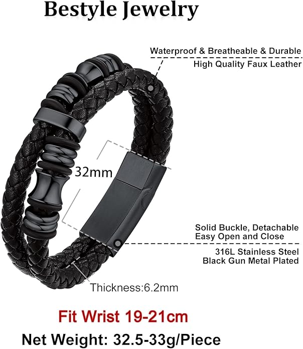 Bestyle Genuine Men Leather Bracelets Fashion Stainless Steel Celtic/Sport Ball Bead Cuff Wirstband Bracelets for Men, Size 7.5/8.3/9.1Inch