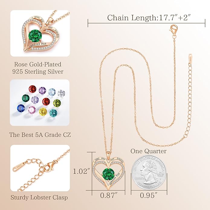 LOUISA SECRET Love Heart Birthstone Necklaces for Women, Birthday Gift for Girlfriend, Anniversary Jewelry Gift for Wife Her, 925 Sterling Silver Women Pendant Necklace, Mother's Day Christams Gift