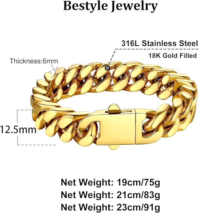 Bestyle Thick Mens Cuban Link Chain Bracelets, Durable Real 18K Gold/Black Metal Plated Solid Stainless Steel Hand Chain Cuban Bracelets for Men, Silver Black Gold Bracelets for Father Husband