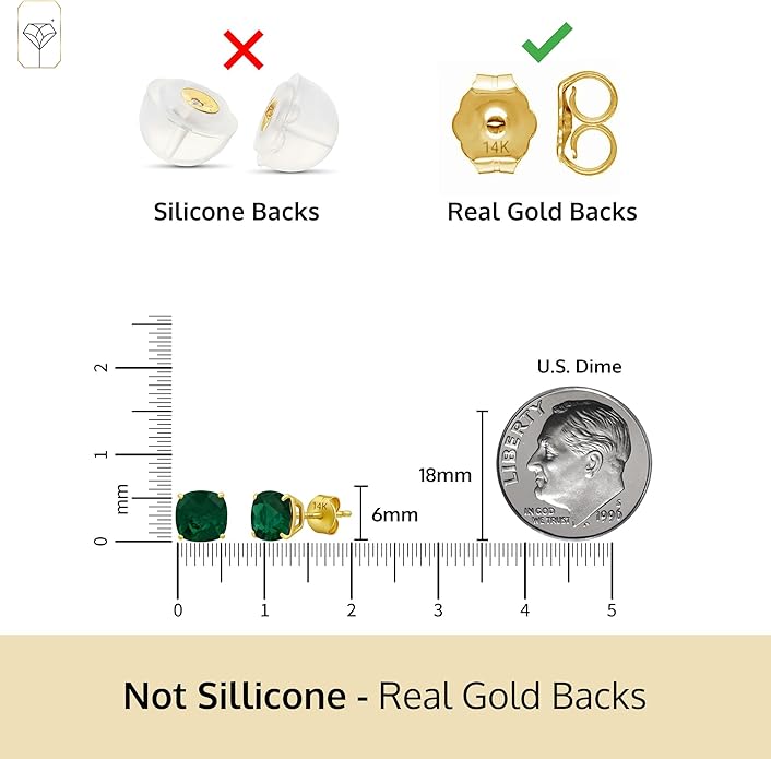 14k Gold 6MM Cushion Cut Stud Gemstone Earrings | Hypoallergenic Solitaire Gemstone Studs with 14K Gold Backs | Lightweight Birthstone Earrings with Gift Box by MAX + STONE