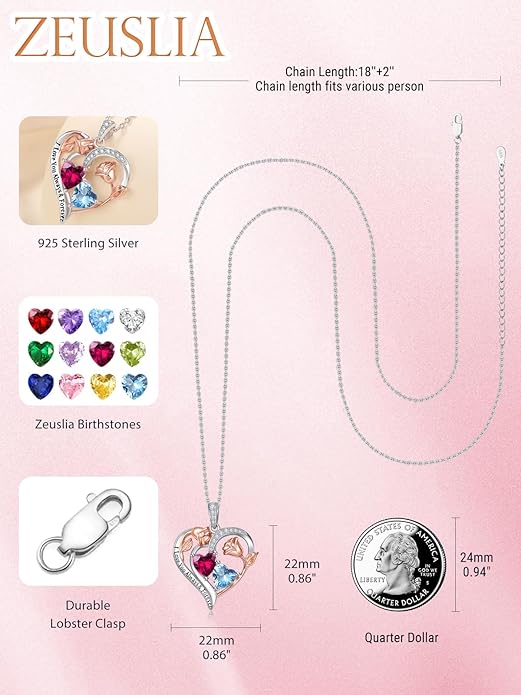 Zeuslia Double Birthstone Necklace Gifts for Wife - 925 Sterling Silver Sunflower/Rose/Crown Cross/Compass/Heart Pendant I Love You Necklace, Anniversary Birthday Gifts for Wife Girlfriend Mom Her