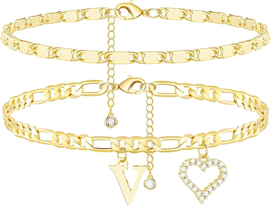 Initial Ankle Bracelets for Women Waterproof 14K Gold Plated Dainty Layered Figaro Chain Letter Initial CZ Heart Ankle Bracelets Set Summer Beach Jewelry for Women