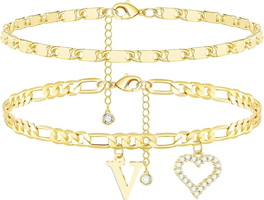 Initial Ankle Bracelets for Women Waterproof 14K Gold Plated Dainty Layered Figaro Chain Letter Initial CZ Heart Ankle Bracelets Set Summer Beach Jewelry for Women