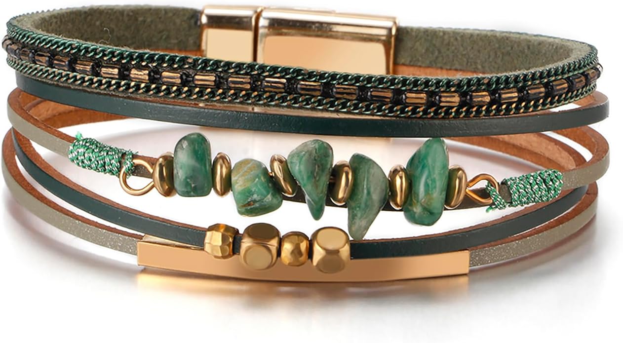 Fesciory Leather Wrap Bracelets for Women, Boho Leopard Multi-Layer Crystal Beads Cuff Bracelet Jewelry