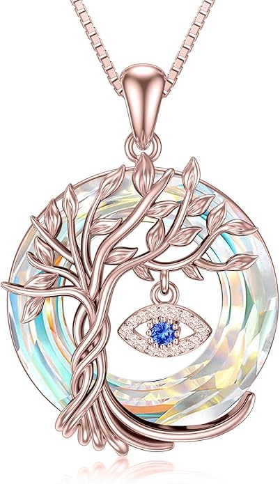 TOUPOP Evil Eye Necklace 925 Sterling Silver Tree of Life Circle Crystal Pendant Necklace Protection Jewelry Amulet Christmas Gifts for Women Her