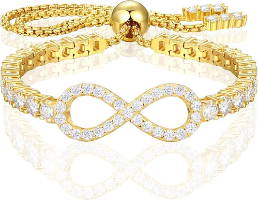 Imitation Diamond Infinity Tennis Bracelet for Women 3mm, 18K Gold Vermeil Moissanite Adjustable Bracelet, Skin-friendly .925 Sterling Silver Bolo Chain for Wrist Measuring 4"-9.5", D Color VVS1 Lab-created Diamond Jewelry Gift for Women