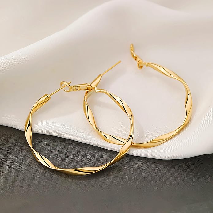 Gold Hoop Earrings for Women 18K Gold Plated - 40mm & 50mm Sizes, Double Layer/Twisted Styles, Hypoallergenic 925 Sterling Silver Posts, Lightweight Trendy Jewelry Gift