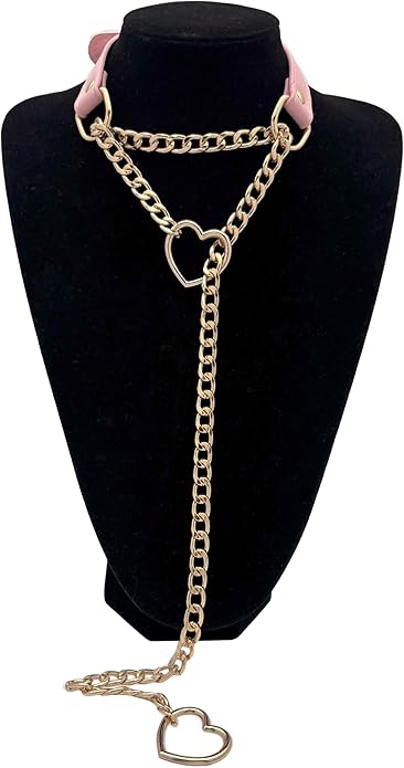 Black Leather Choker Collar For Women, Handmade Heart Slip Chain Choker Long Necklace with Adjustable Buckle