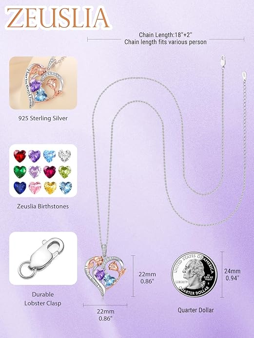 Zeuslia Double Birthstone Necklace Gifts for Wife - 925 Sterling Silver Sunflower/Rose/Crown Cross/Compass/Heart Pendant I Love You Necklace, Anniversary Birthday Gifts for Wife Girlfriend Mom Her