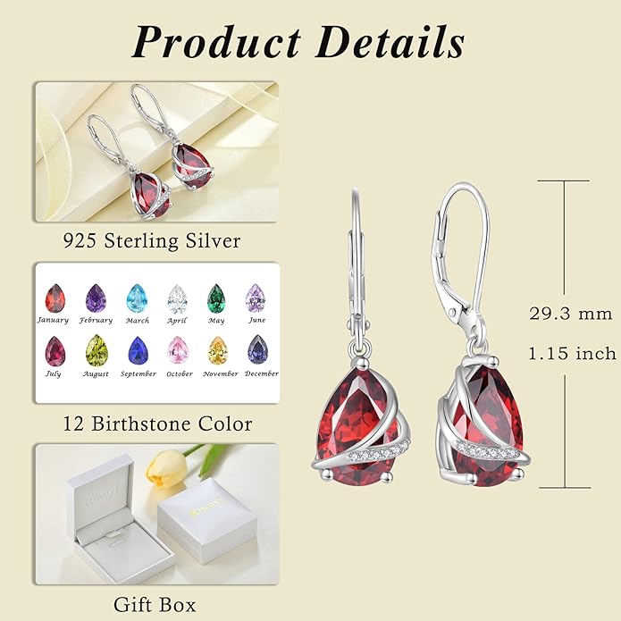 Birthstone Dangle Drop Earrings for Women 925 Sterling Silver Teardrop Leverback Earrings Jewelry Gifts for Wife Mother Her