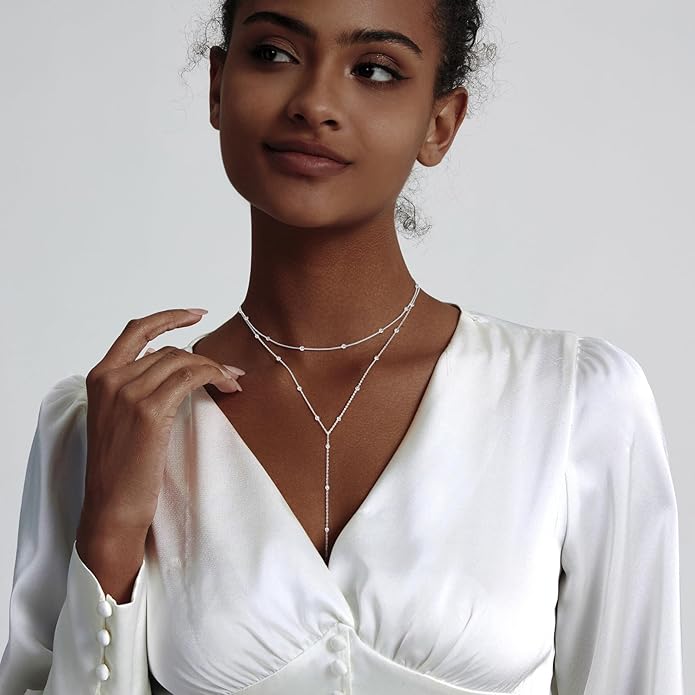 Gold Necklace for Women Trendy Lariat Y Necklace Dainty 14k Gold Plated/Silver Long Necklaces for Women Layered Beaded Drop Necklaces Simple Y-Shaped Chain Jewelry Gifts