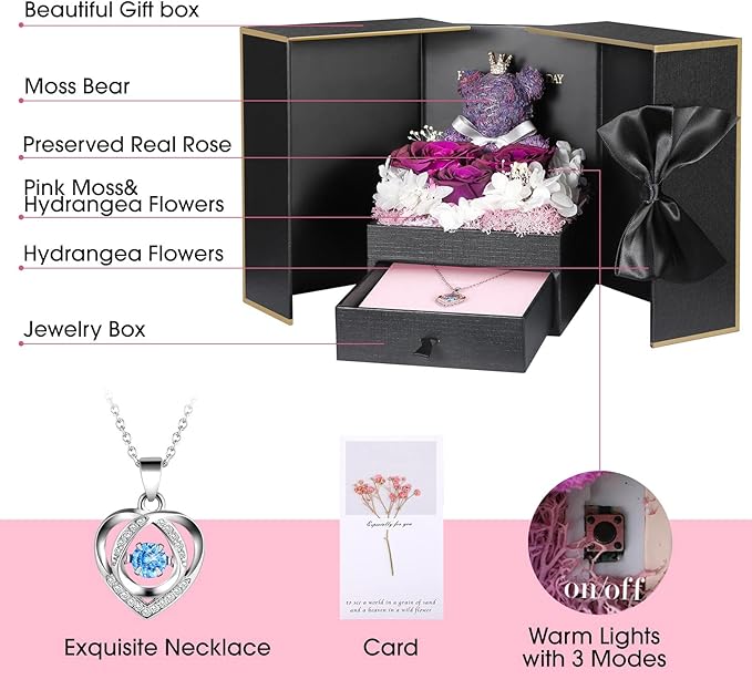 ADDWel Preserved Rose Gifts for Her, Forever Real Purple Flowers with Sterling Silver Necklace for Wife Girlfriend Mom on Birthday Anniversary