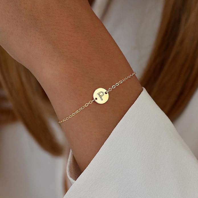 Ursteel Gold Initial Bracelet for Women Trendy - Personalized A-Z Letter Cute Bracelet for Women, Dainty Gold Coin Disc Womens Jewelry Gifts